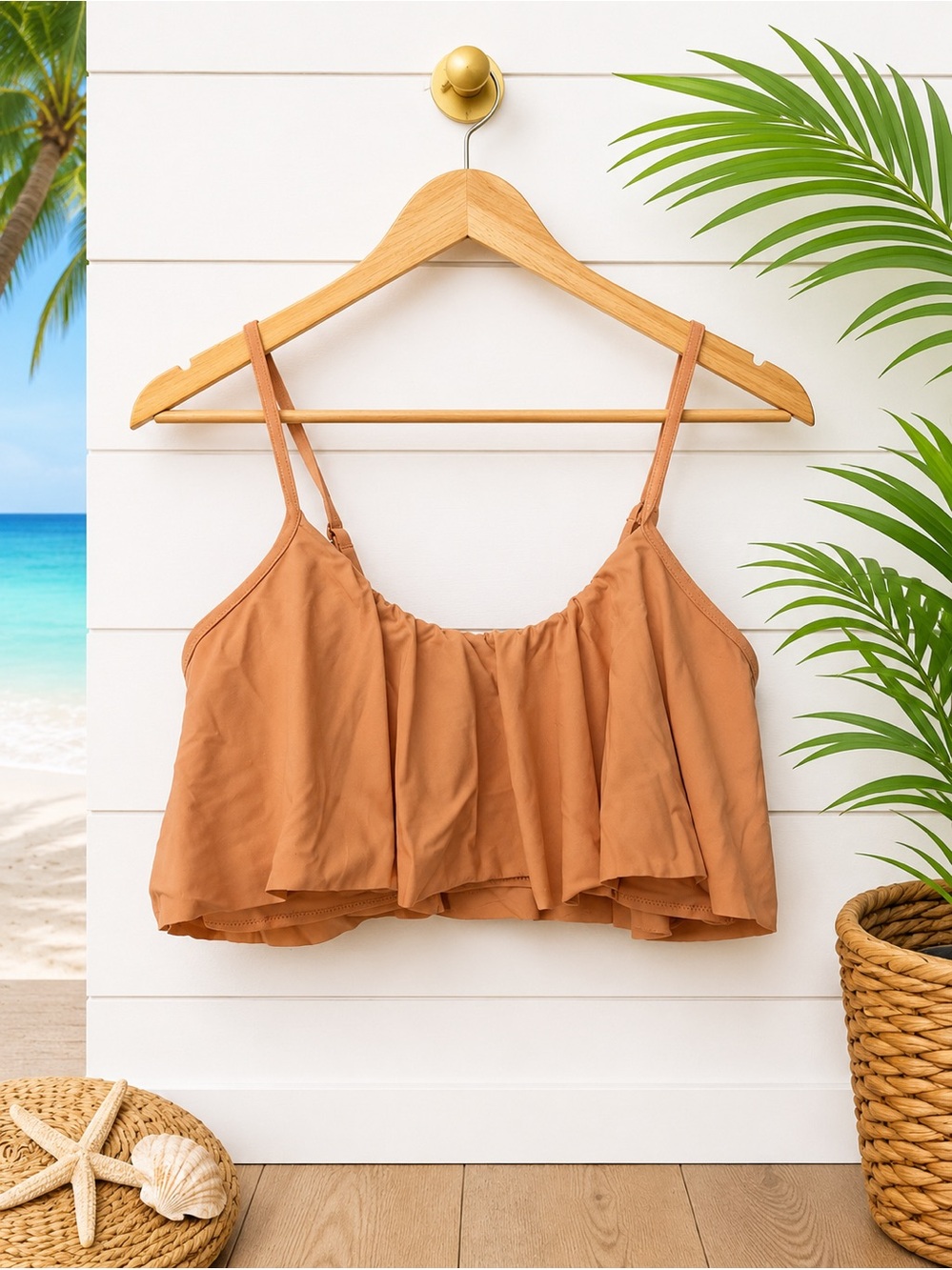 🤎 CUPSHE Tan Ruffle Flounce Bikini Top | Women’s Large | Adjustable Strap Swim